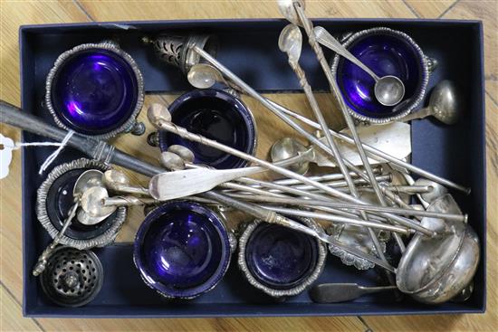 A mixed group of silver and white metal items including condiments, toddy ladle, cocktail implements, condiment spoons etc.